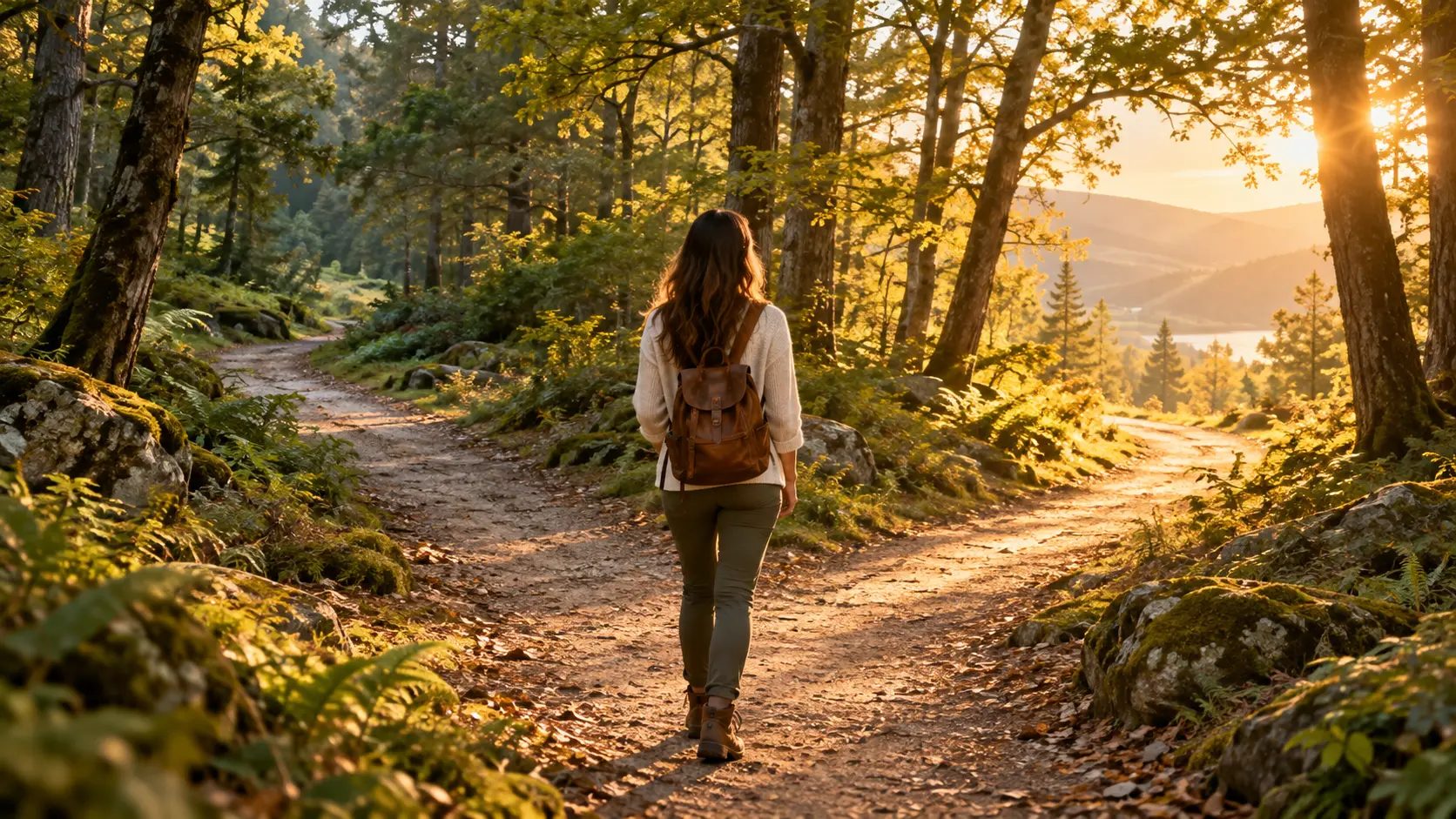 A woman with a backpack walks a forest path toward a fork in the trail at golden hour, a lake and hills glowing in the distance